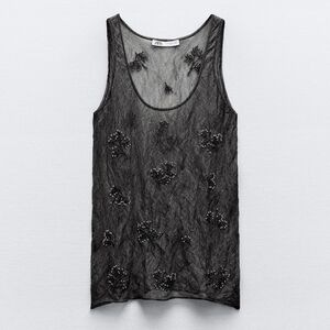 Zara Black Semi Sheer Wrinkle Effect Beaded Tank Top